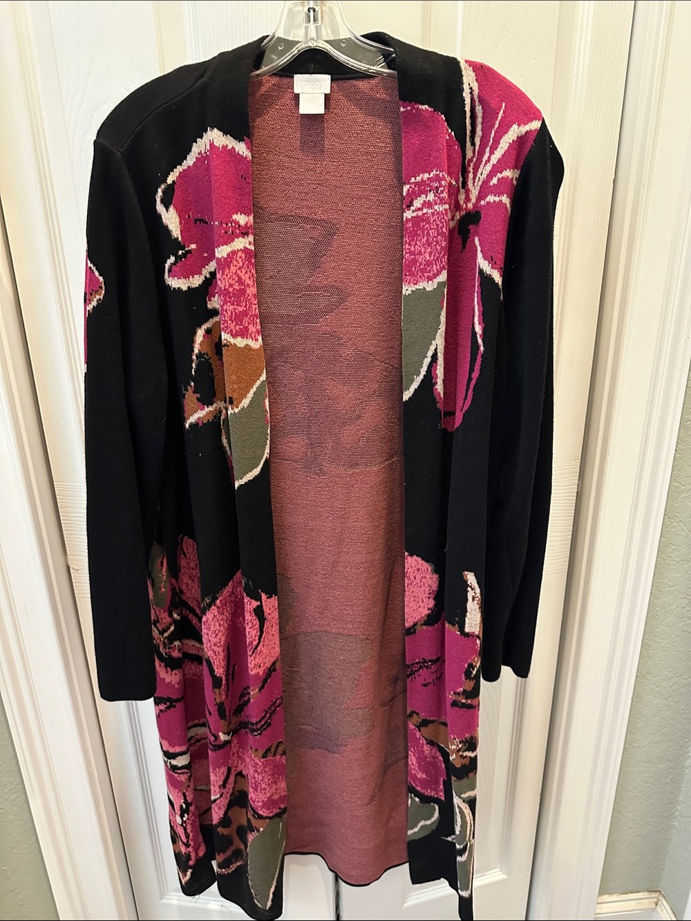Open Front Floral Knit Cardigan Sweater - Pink/Black